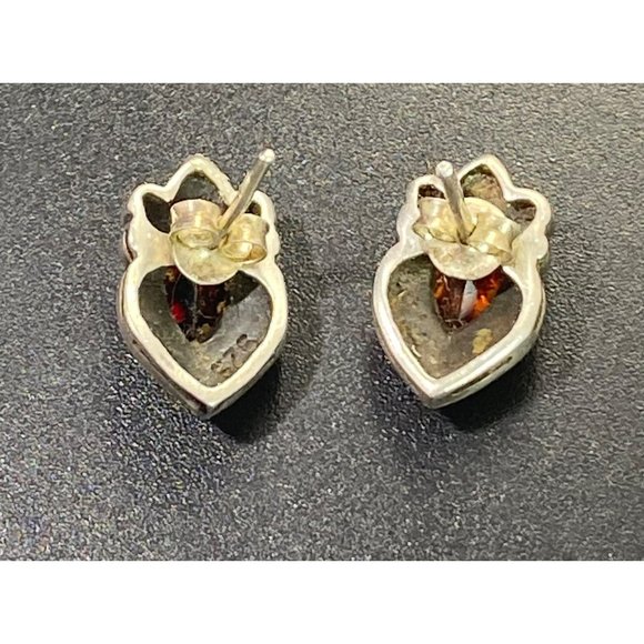 Vintage 925 Marcasite & Garnet Earrings Teardrop Cab Stud Pierced - Picture 4 of 7